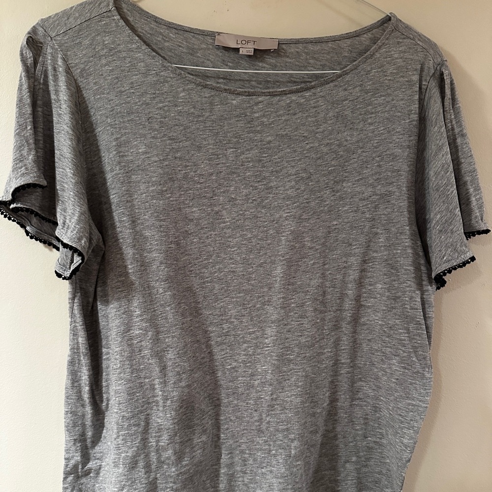 LOFT Size Large Gray Top Split Sleeve with Black Embroidered Edges